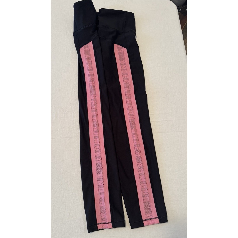 Under Armour Black Capris Leggings Womens Large Logo Pink Sides Compression - Picture 5 of 5